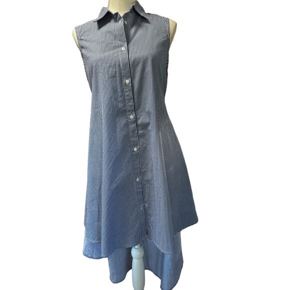 Sleeveless Womens Blue and White Striped Belted Shirt Dress Longer In Back Small - Picture 4 of 8